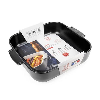 Eclectic Appolia square ceramic oven dish in satin black with ribbed handles and product information label.