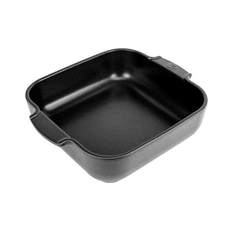 Eclectic Appolia square ceramic oven dish in a sleek satin black finish with wide ribbed handles for easy gripping.