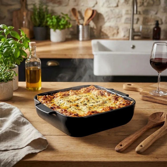 Eclectic Appolia square ceramic oven dish in satin black filled with hot lasagna on a rustic wooden kitchen table
