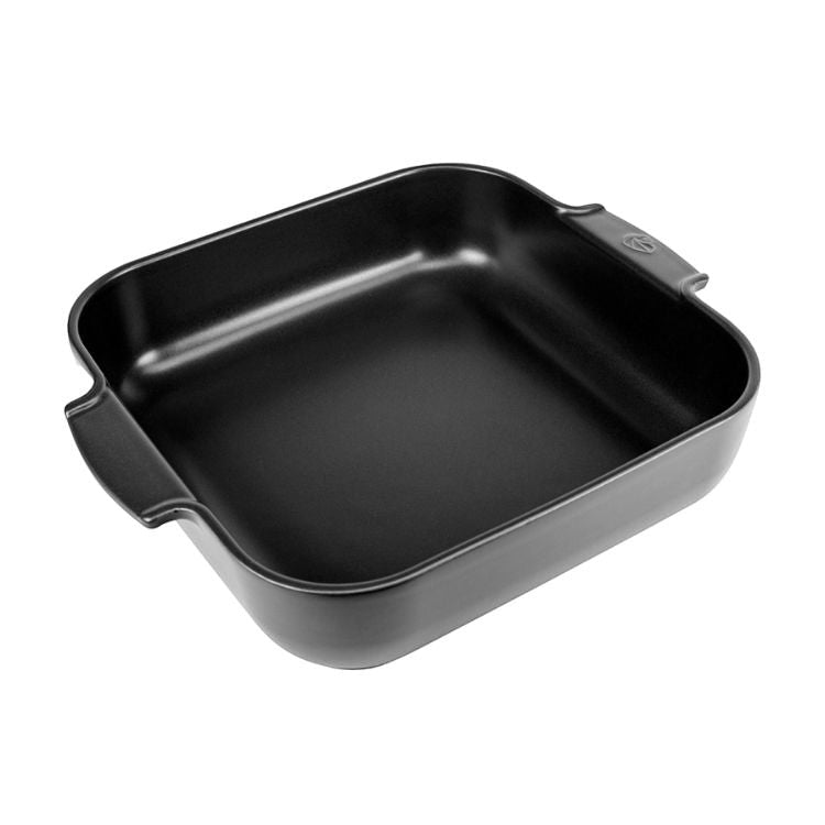 Eclectic Appolia square ceramic oven dish in a satin black finish with wide ribbed handles for easy serving.