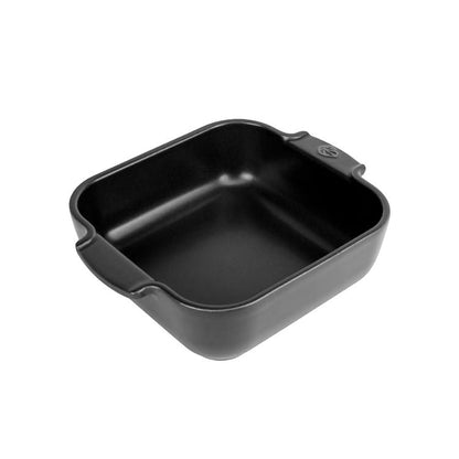 Eclectic Appolia square ceramic oven dish in a satin black finish with wide ribbed handles for easy serving.