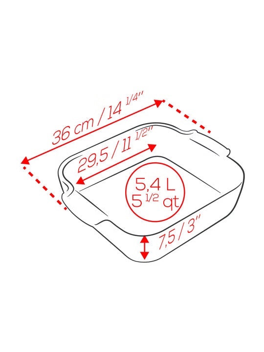 Eclectic Appolia square ceramic oven dish showing dimensions and capacity in a technical line drawing