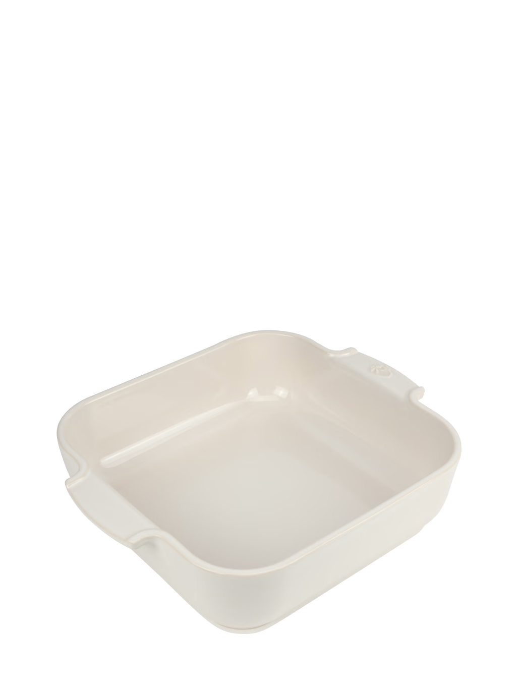 Eclectic Appolia square ceramic oven dish in ecru cream with ribbed handles for easy grip and oven-to-table serving.