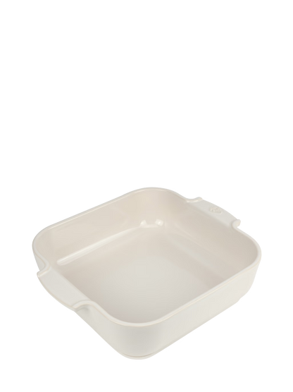 Eclectic Appolia square ceramic oven dish in ecru cream with ribbed handles for easy grip and oven-to-table serving.