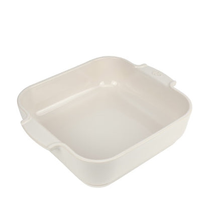 Eclectic Appolia square ceramic oven dish in ecru cream with ribbed handles for easy serving.