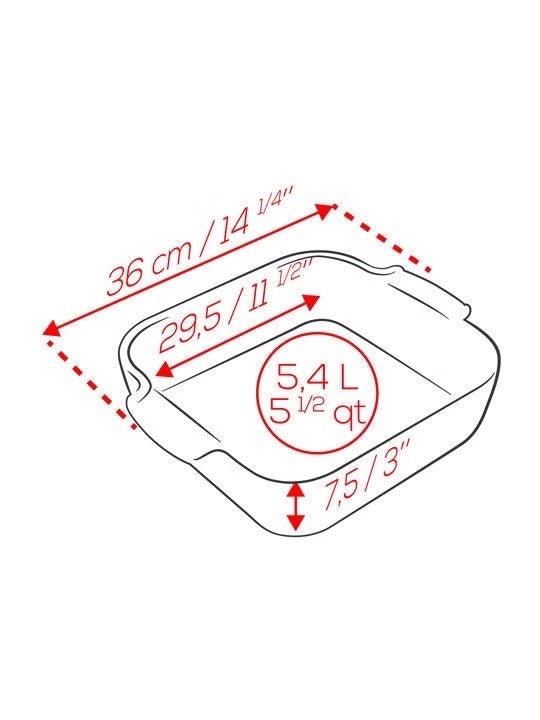 Eclectic Appolia square ceramic oven dish technical diagram showing 5.4L capacity and dimensions in cm and inches.