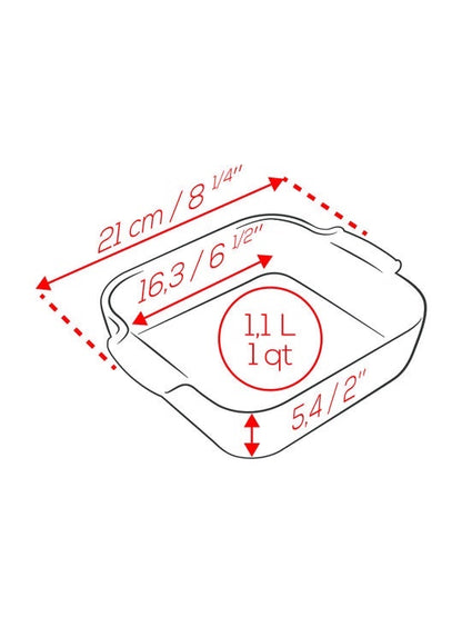 Eclectic Appolia square ceramic oven dish dimensions diagram showing 21cm width and 5.4cm height in sage green