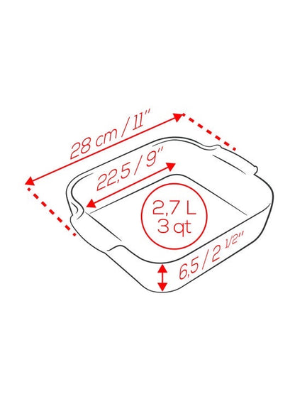 Eclectic Appolia square ceramic oven dish in sage green with dimension measurements shown in a technical diagram