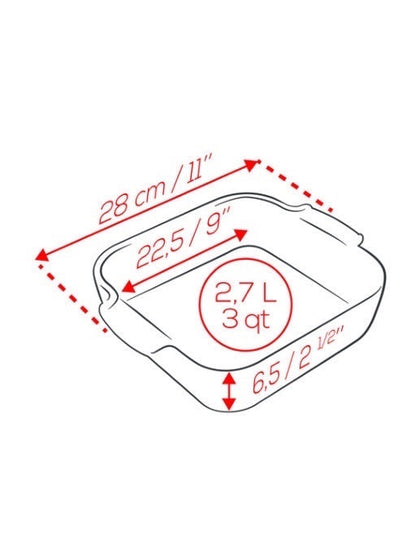 Eclectic Appolia square ceramic oven dish dimensions diagram showing 2.7L capacity and measurements in cm and inches
