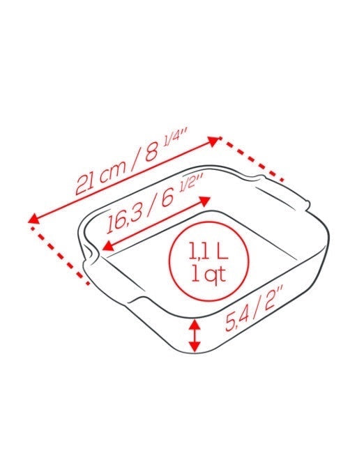 Eclectic Appolia square ceramic oven dish in saffron yellow with technical dimension diagram showing 1.1L capacity