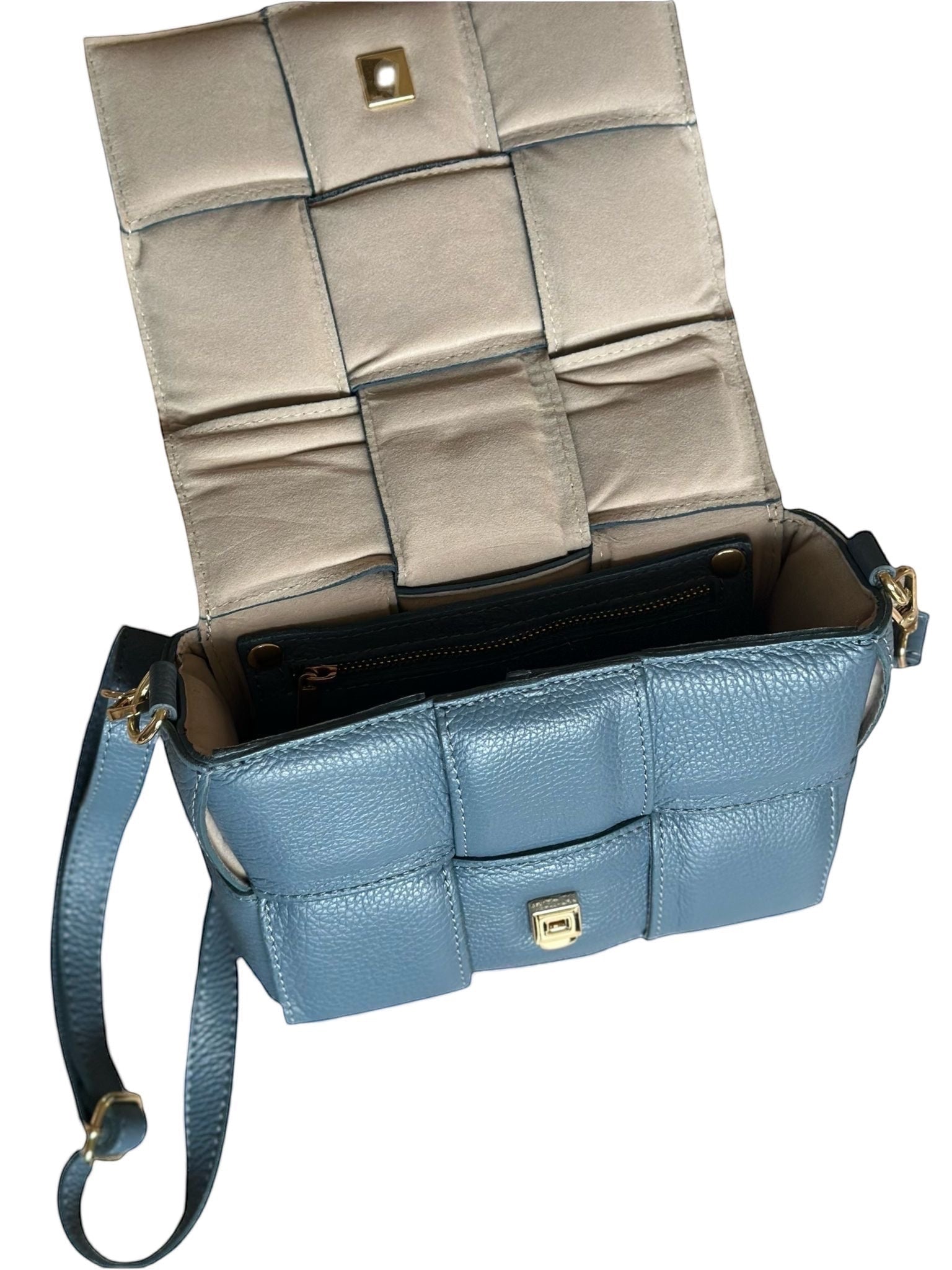 Eclectic Aria blue padded woven leather crossbody bag with gold-tone hardware and open magnetic flap interior