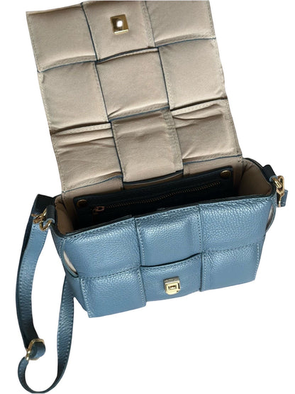 Eclectic Aria blue padded woven leather crossbody bag with gold-tone hardware and open magnetic flap interior