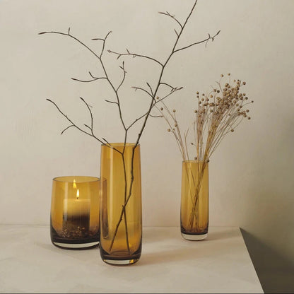 Eclectic ASA Selection Ajana amber glass vases and candle holder with dried branches on a white surface