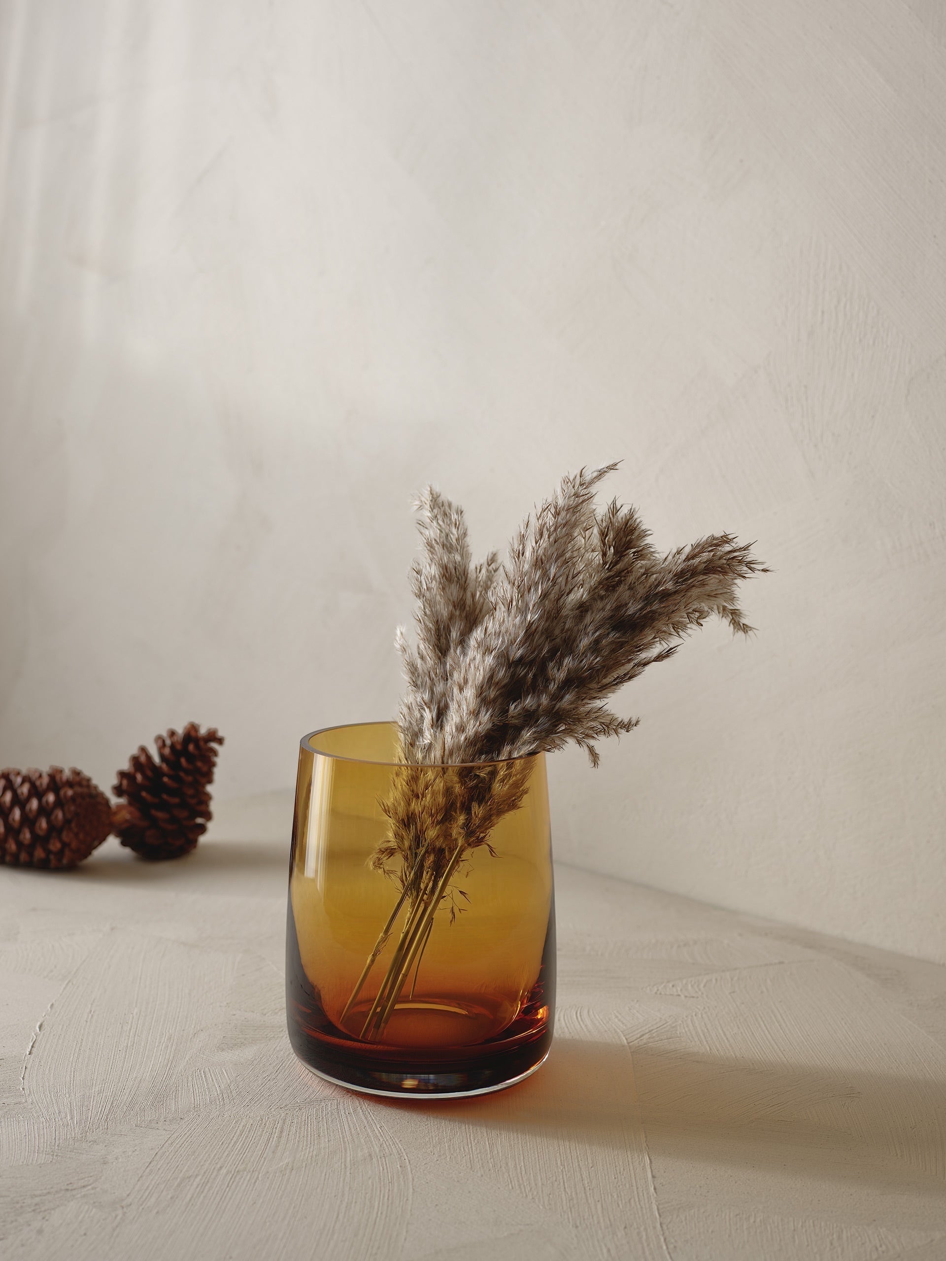 Eclectic ASA Selection Ajana amber mouth-blown glass vase holding dried pampas grass on a neutral textured surface
