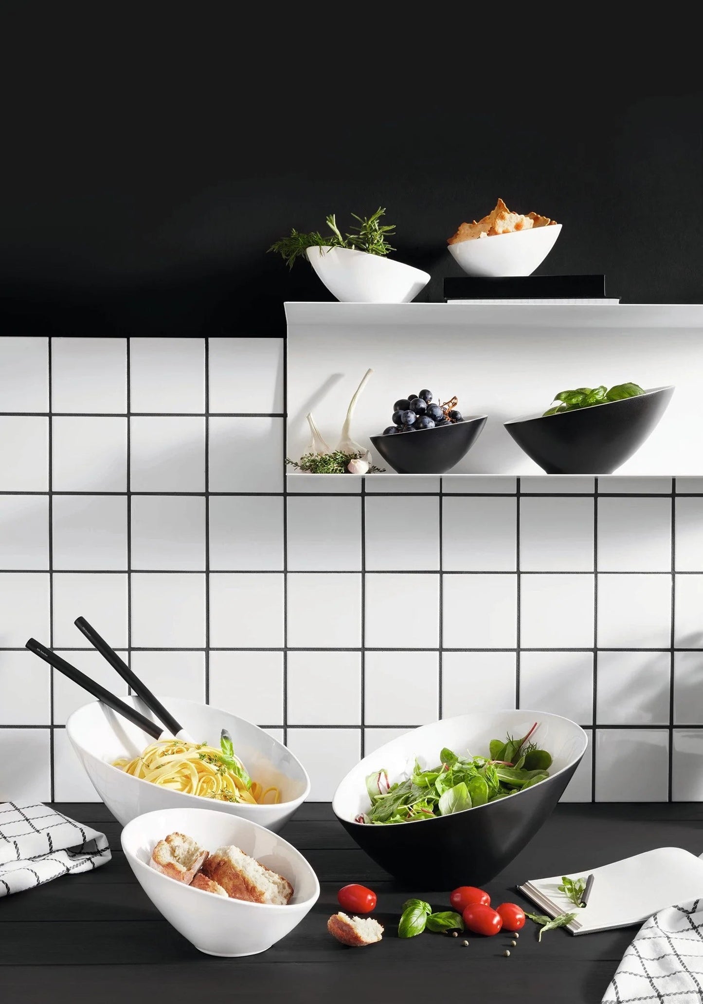 Eclectic ASA Selection ivory white porcelain bowl with a modern asymmetric design displayed in a kitchen setting