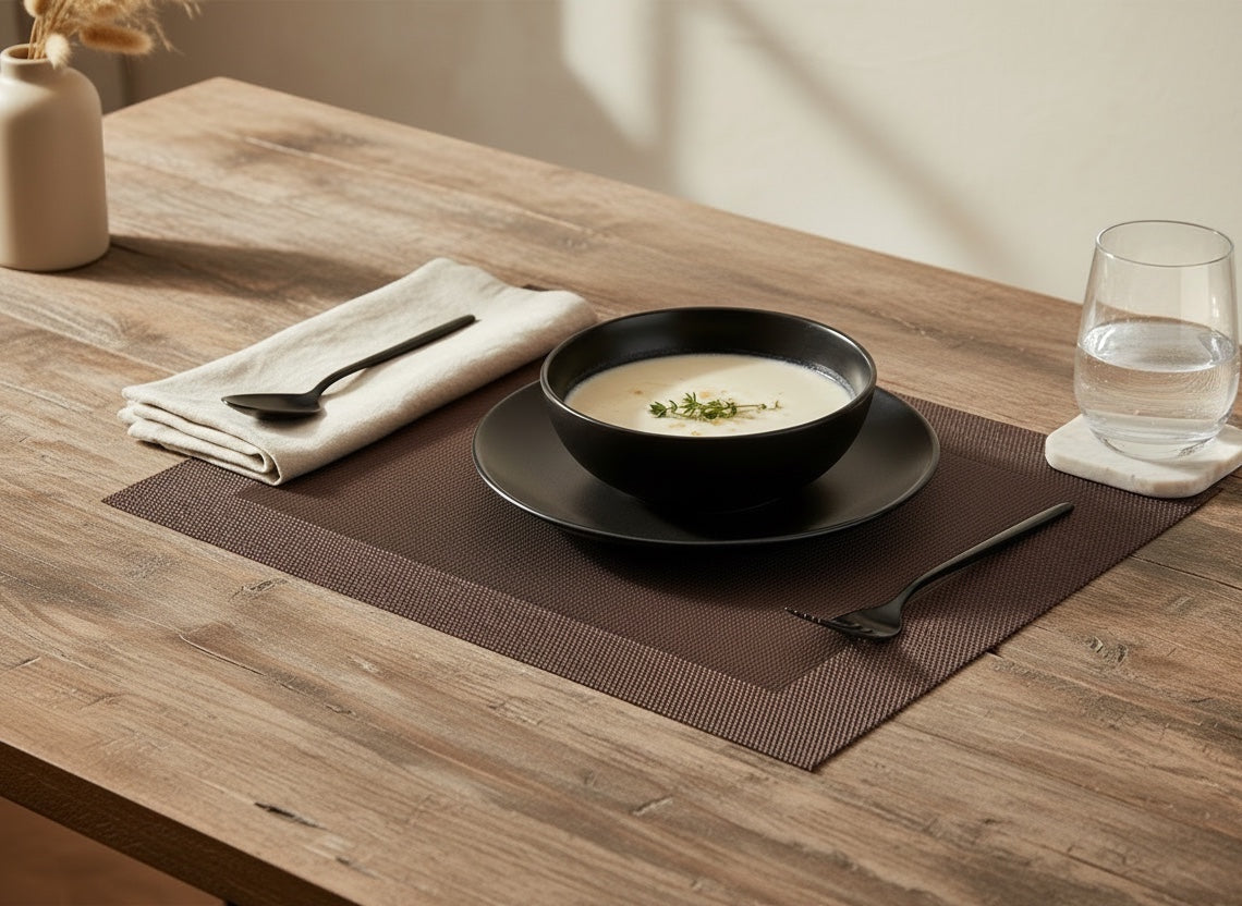 Eclectic ASA Selection brown PVC placemat with woven texture on a wooden dining table with black bowl and cutlery.