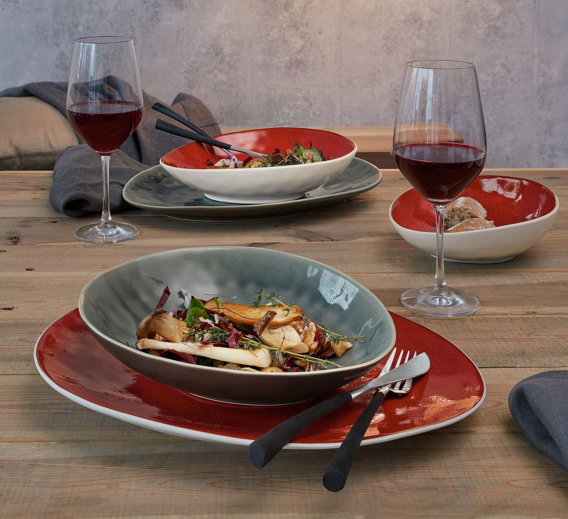 Eclectic ASA Selection A La Maison oyster ceramic bowl with craquelure glaze on a rustic wooden table with salad