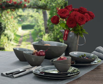 Eclectic ASA Selection À La Maison oyster ceramic stoneware deep bowls and dinnerware set with red roses on a table