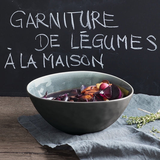 Eclectic ASA Selection À La Maison oyster ceramic deep bowl with craquelure glaze filled with roasted vegetables