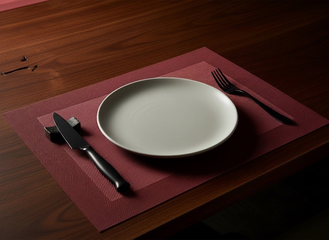 Eclectic ASA Selection pomegranate red PVC placemat with woven texture on a dark wooden table with a white plate.