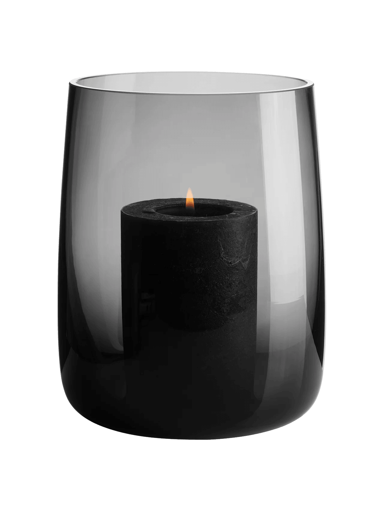 Eclectic ASA Selection Ajana smoky grey mouth-blown glass vase and candle holder with a lit black pillar candle.