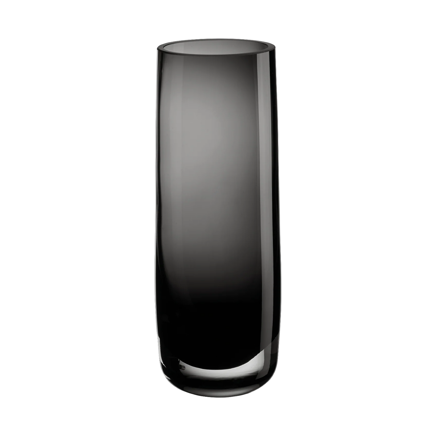 Eclectic ASA Selection Ajana mouth-blown smoky grey glass vase with a tall cylindrical shape and weighted base.