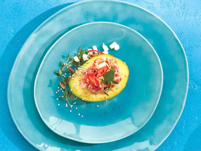 Eclectic ASA Selection A La Plage turquoise crackle-glaze oval serving bowl with a fresh salad dish