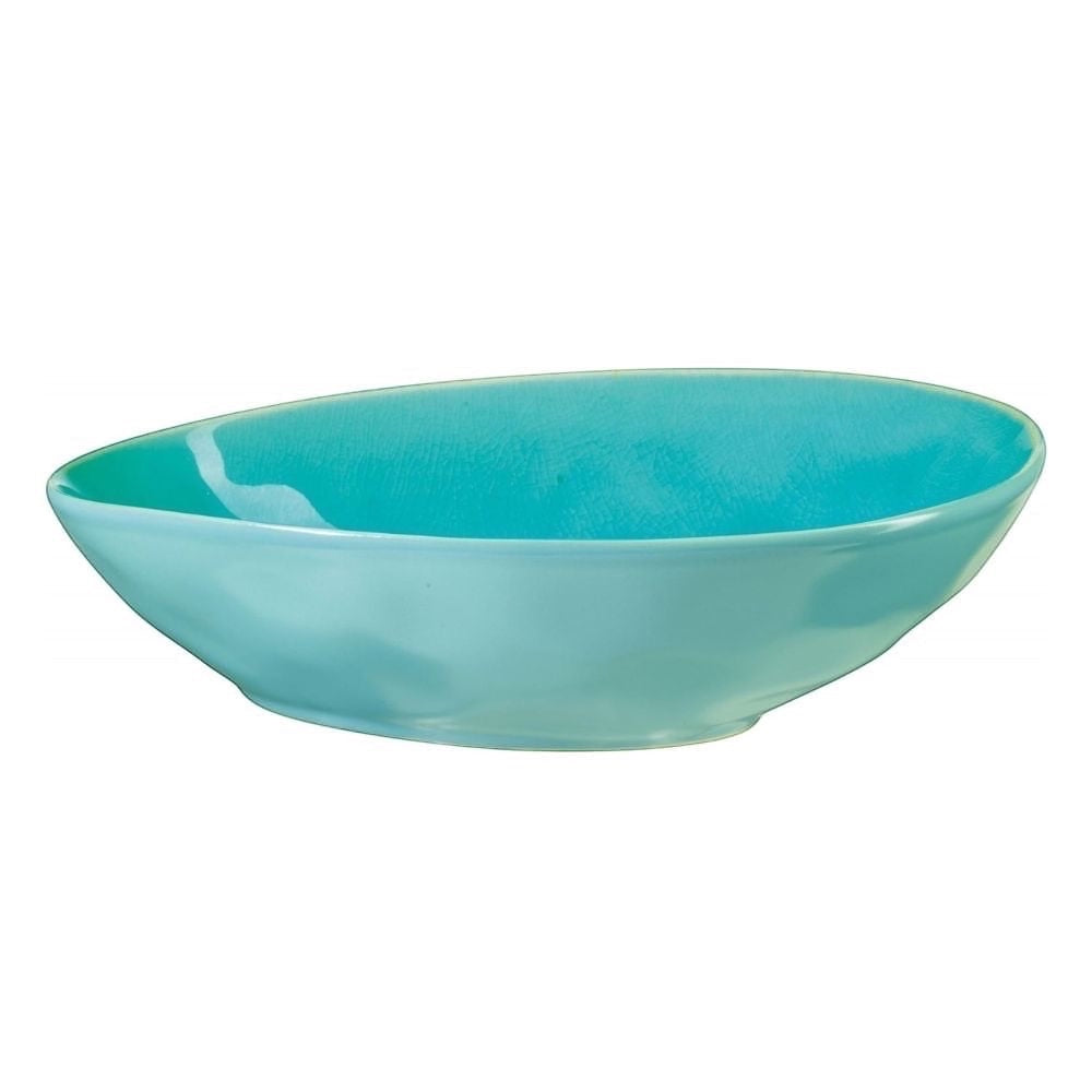 Eclectic ASA Selection A La Plage turquoise stoneware bowl with an organic oval shape and distinctive crackle glaze.