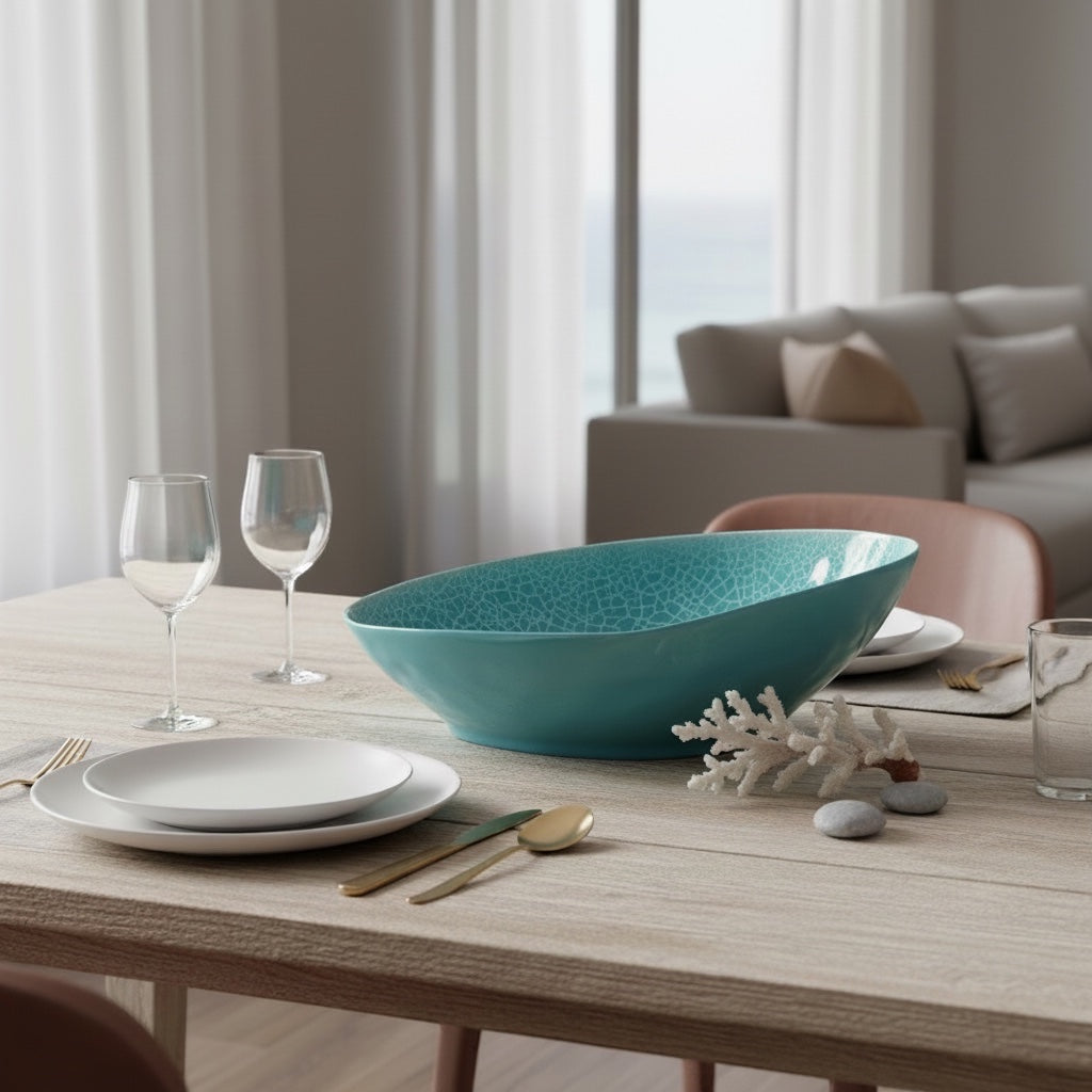 Eclectic ASA Selection A La Plage turquoise crackle-glaze oval serving bowl on a wooden dining table