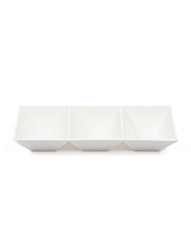 Eclectic ASA Selection white ceramic 3-section serving dish for dips and snacks with a minimalist modern design.