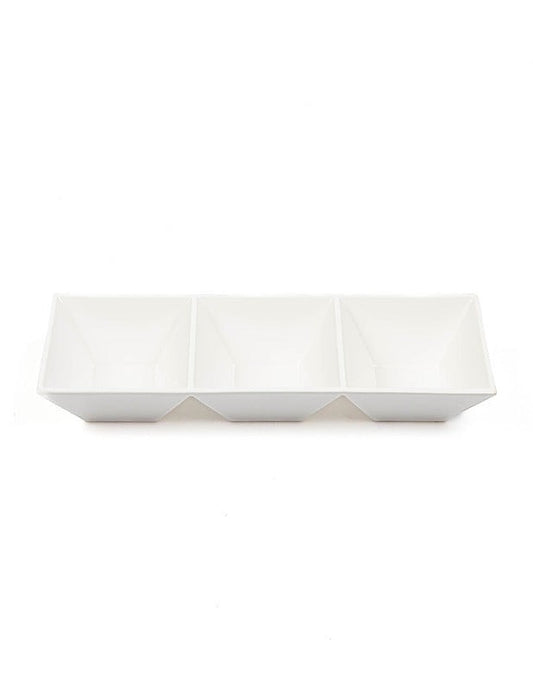 Eclectic ASA Selection white ceramic 3-section serving dish for dips and snacks with a minimalist modern design.