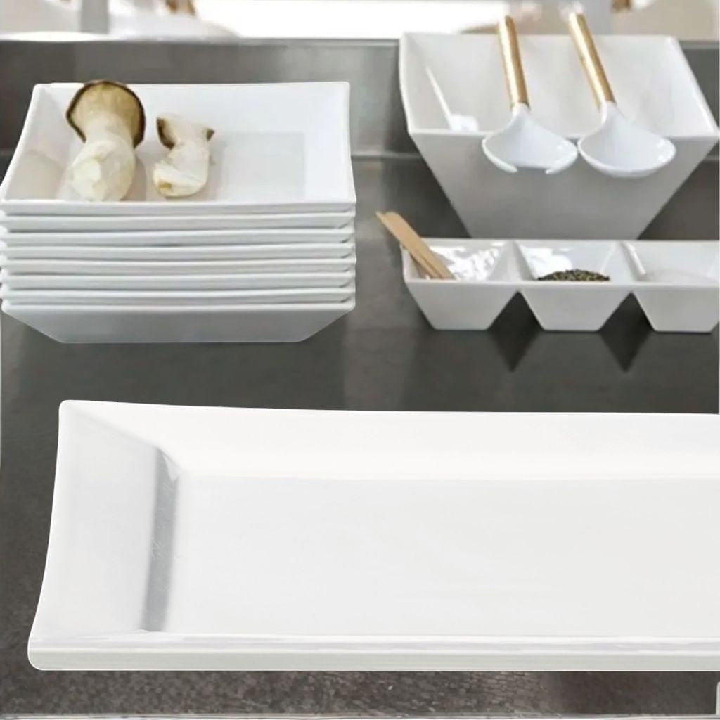 Eclectic ASA Selection white porcelain rectangular serving platter from the 250°C Plus collection on a table.