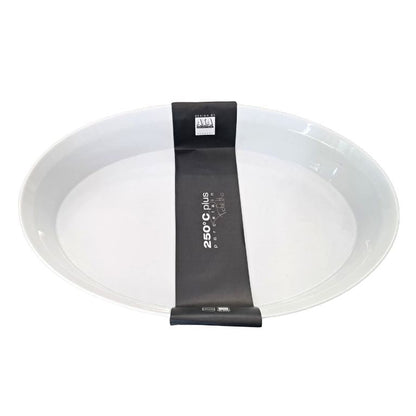 Eclectic ASA Selection 250°C Plus Poletto white porcelain oval roasting and gratin dish with black branding band.