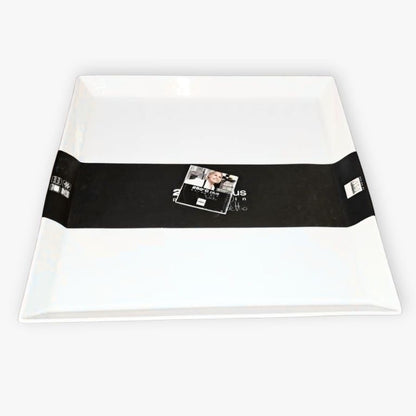 Eclectic ASA Selection 250°C Plus white square porcelain serving platter with a black promotional paper band.