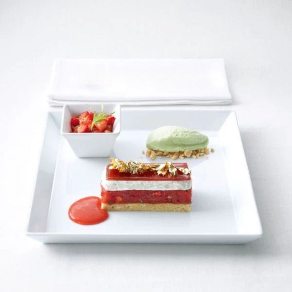 Eclectic ASA Selection 250°C Plus white square porcelain serving platter featuring a gourmet dessert presentation.