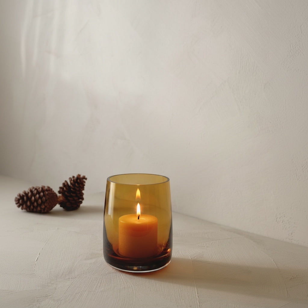 Eclectic ASA Selection Ajana amber mouth-blown glass candle holder with a lit pillar candle on a neutral surface.