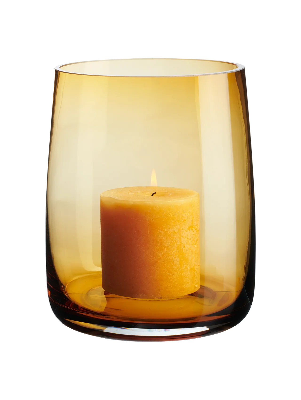Eclectic ASA Selection Ajana amber mouth-blown glass vase and candle holder with a pillar candle on a black background