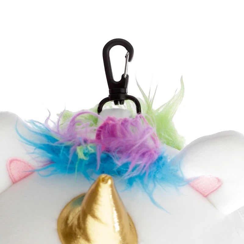 Eclectic Relaxeazzz Astrid the Unicorn travel pillow plush head with a gold horn and colourful mane with a black clip