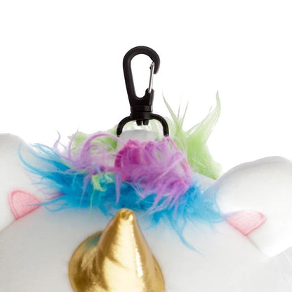 Eclectic Relaxeazzz Astrid the Unicorn travel pillow plush head with a gold horn and colourful mane with a black clip