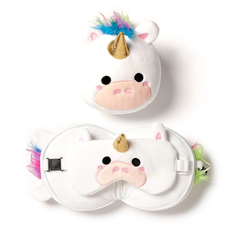 Eclectic Relaxeazzz Astrid the Unicorn plush travel pillow and matching eye mask set in white with a gold horn.