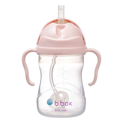Eclectic b.box blush sippy cup with weighted straw, easy-grip handles, and flip-top lid for toddlers.