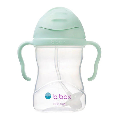 Eclectic b.box pistachio green weighted straw sippy cup with easy-grip handles and flip-top lid for toddlers.