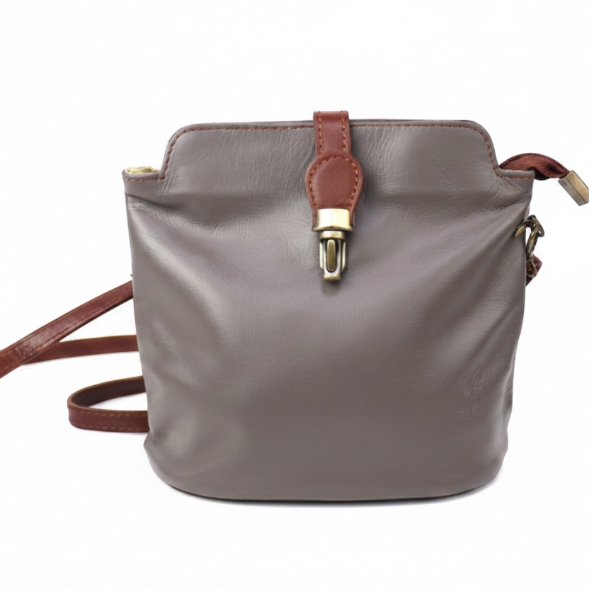 Eclectic Bagitali Roma grey Italian leather crossbody bag with tan trim, gold hardware, and buckle detail.