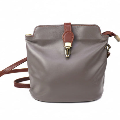 Eclectic Bagitali Roma grey Italian leather crossbody bag with tan trim, gold hardware, and buckle detail.