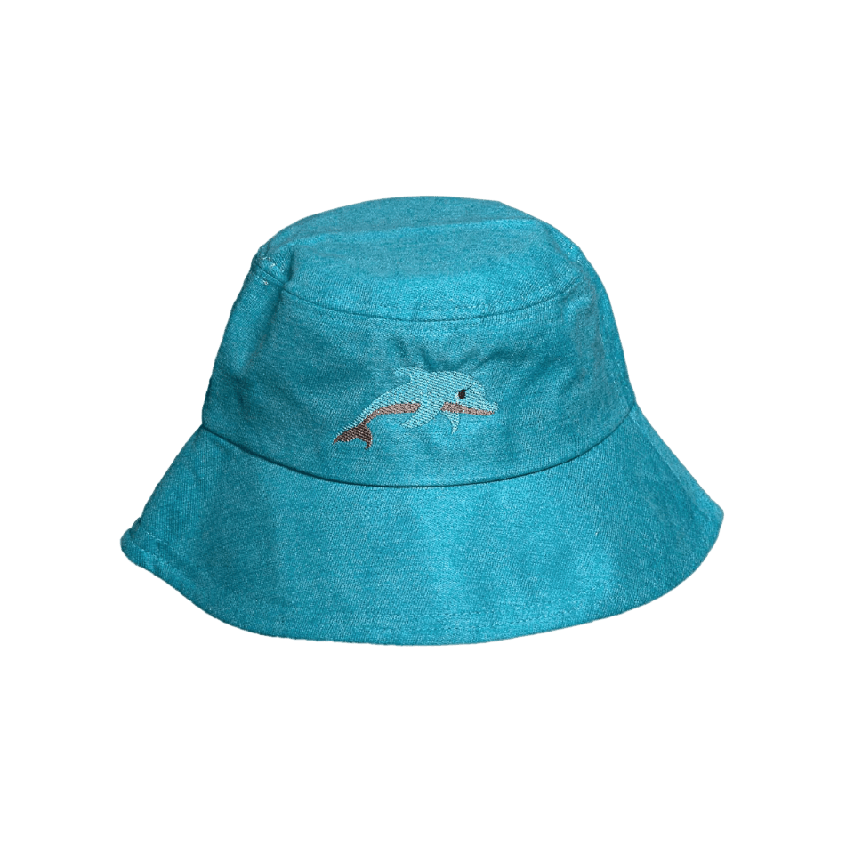 Eclectic Bantwana blue cotton bucket hat for kids featuring a playful embroidered dolphin design for sun protection.
