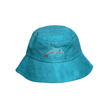 Eclectic Bantwana blue cotton bucket hat for kids featuring a playful embroidered dolphin design for sun protection.