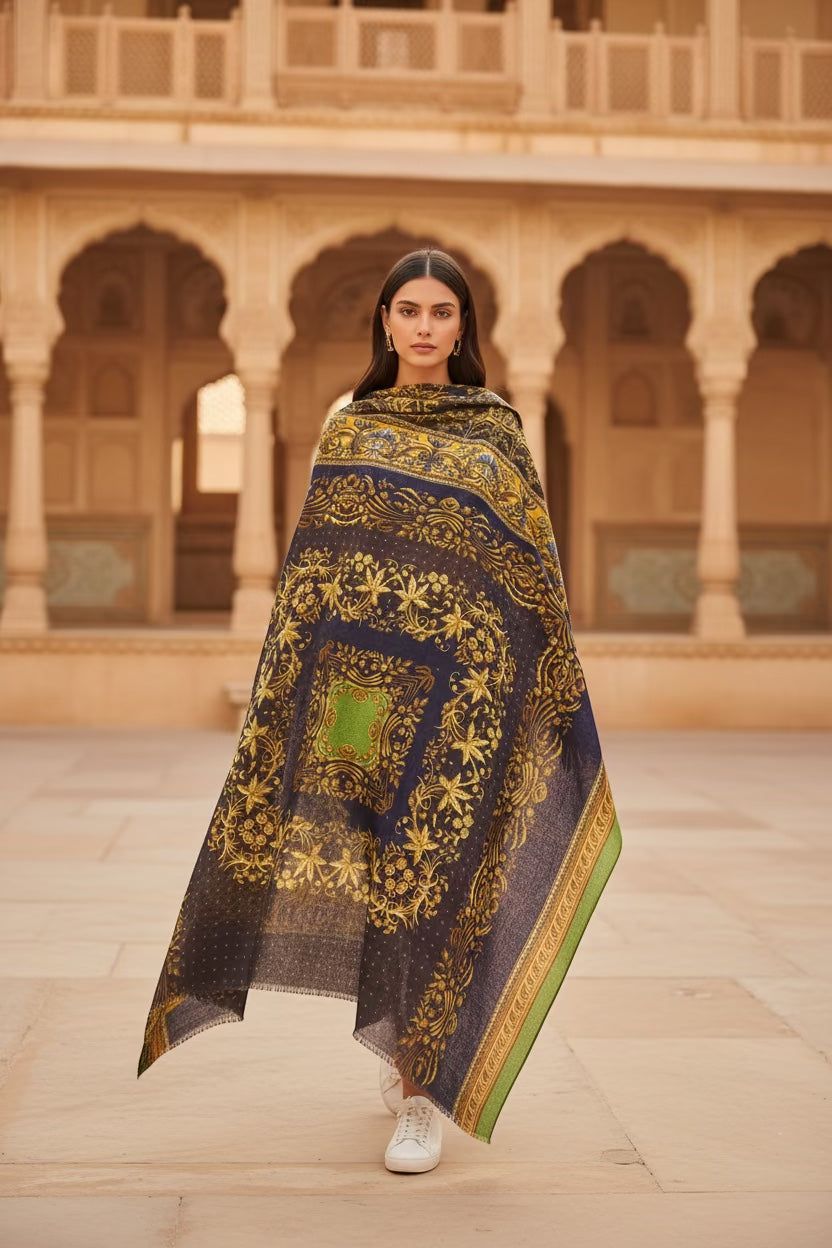 Eclectic cashmere blend wrap scarf in navy with gold baroque patterns and olive green borders worn by a model.