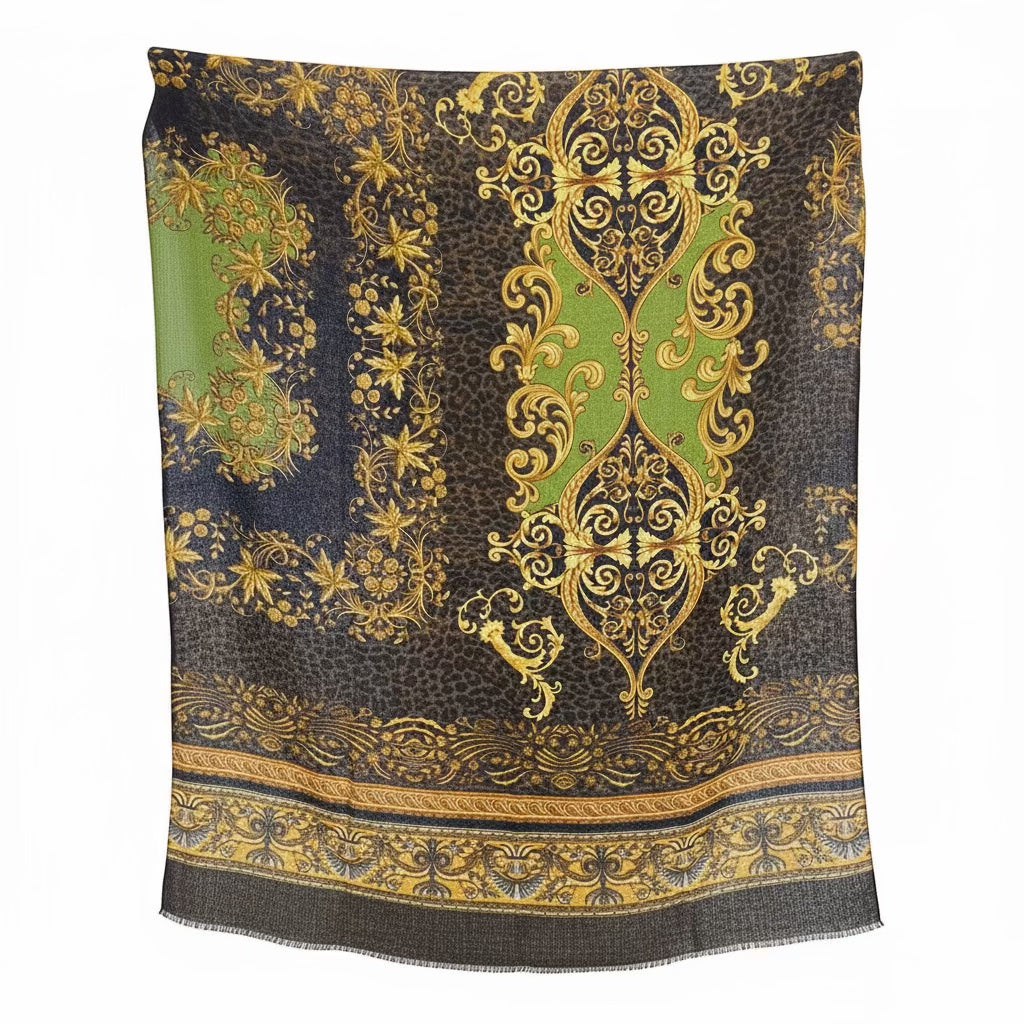 Eclectic cashmere blend wrap scarf in navy, olive green, and antique gold with intricate baroque scroll patterns.