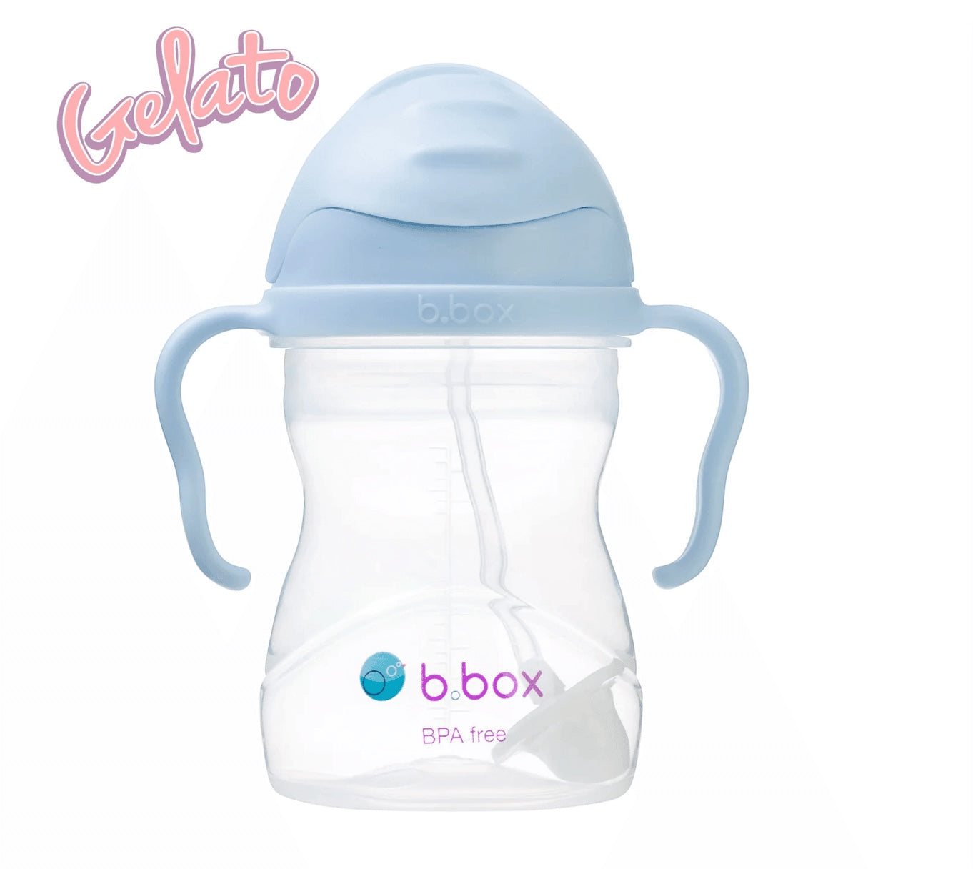 Eclectic b.box weighted straw sippy cup in light blue with easy-grip handles and flip-top lid for toddlers.