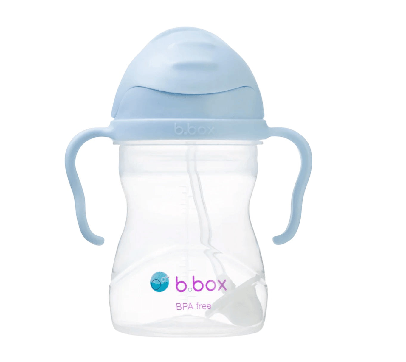 Eclectic b.box sippy cup in light blue with easy-grip handles, flip-top lid, and internal weighted straw.